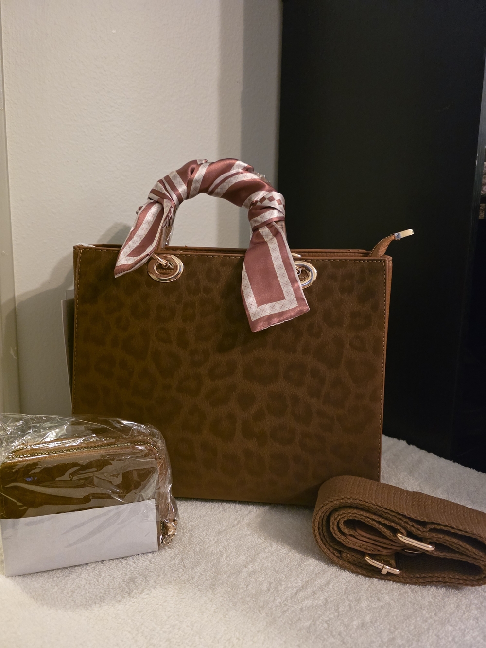 Brown Leopard-Print Bag with Twilly, Matching Wallet, And Crossbody Strap.